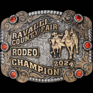 A custom farming belt buckle trophy for Region 7 Livestock Show Champion featuring a cow, goat, lamb and pig figures 